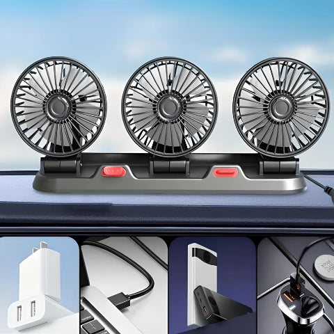 Mini Ventilador de Três Cabeças – Frescura Óptima no Carro