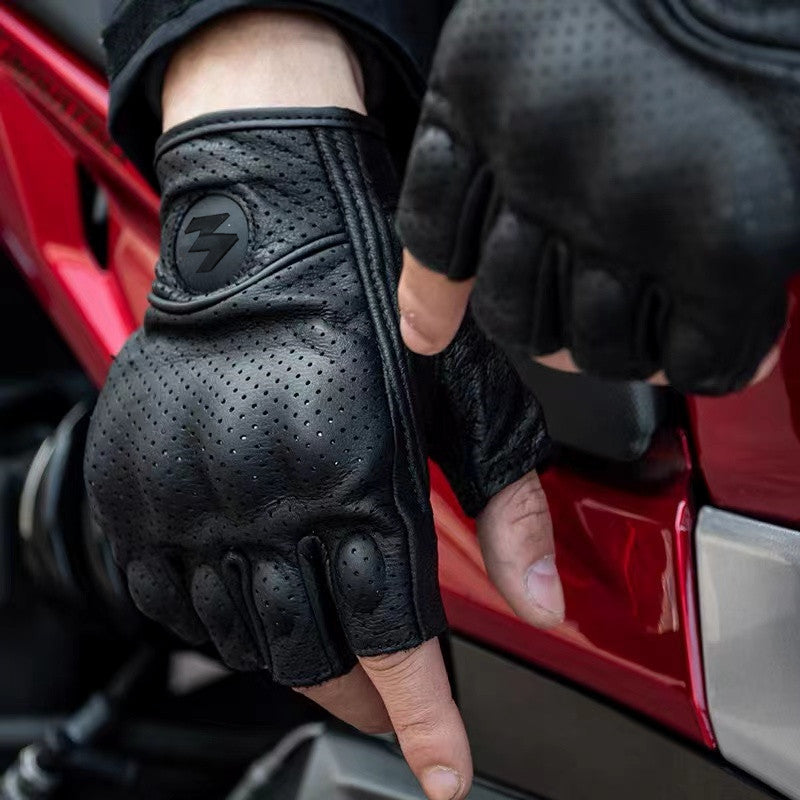 Motorcykelhandskar i PU-läder med halva fingrar – Retro och ventilerande bikerstil