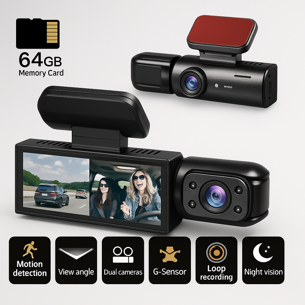 Dashcam Double Full HD Voiture - Vision Nocturne + Caméra Intérieure